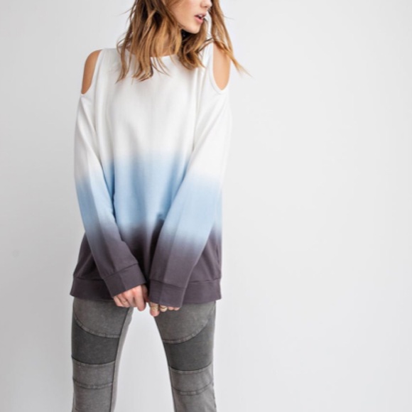 Terry Knit Blue Ombré Tie Dyed Cold Shoulder Top! - Picture 7 of 10